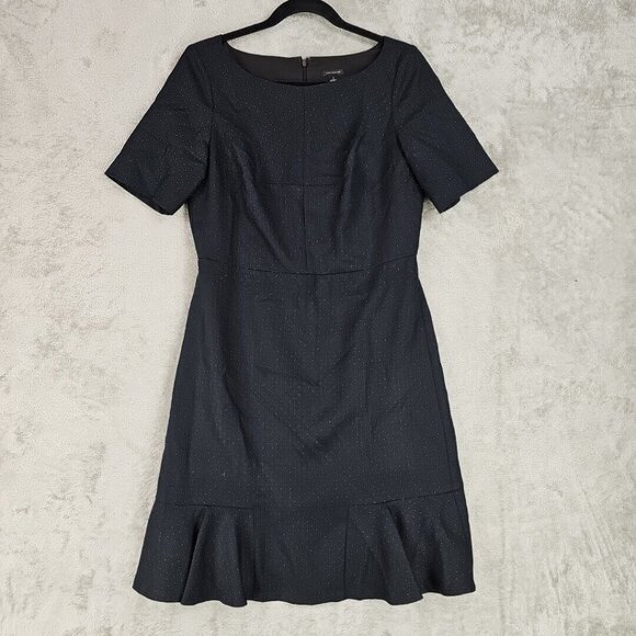 Ann Taylor Wool Dress Womens Size 4 Navy Blue Twill Polka Dot Ruffle Hem Sheath - Picture 1 of 8